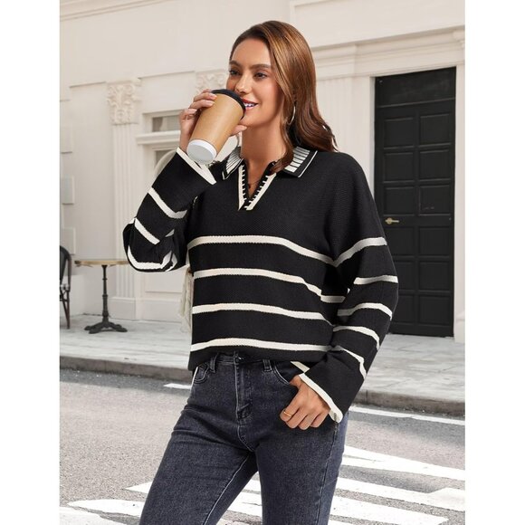 Women’s Black Fall Polo Sweater Striped V Neck Long Sleeve Pullover - Picture 3 of 6